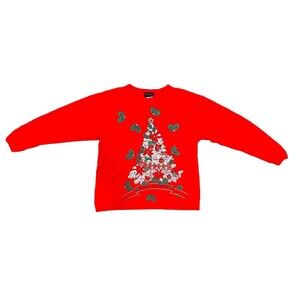 Vintage Ugly Christmas Tree Red Sweatshirt Size Medium Ribbons